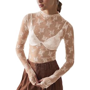 Yimoon Women's Mesh Tops Long Sleeve Sheer Floral Lace Layering Tops Sexy Mock Neck See Through Blouse in Kuwait