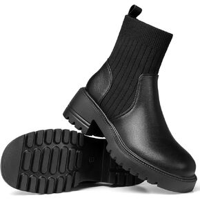 TEMOFON Ankle Boots for Women Chunky: Womens Casual Leather Chelsea Booties Slip on Round Toe Black Platform Short Boot with Block Heel in Saudi Arabia