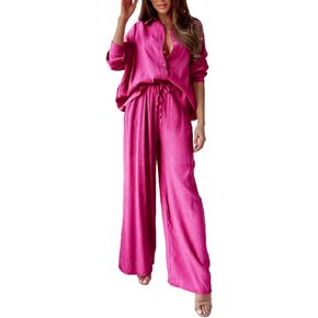 Lizxun Women 2 Piece Plisse Set Casual Outfit Long Sleeve Button Down Shirts High Waist Long Pants Pleated Summer Streetwear