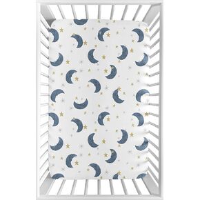 Sweet Jojo Designs Moon and Star Boy or Girl Fitted Mini Crib Sheet Baby Nursery for Portable Crib or Pack and Play - Navy Blue and Gold Watercolor Celestial Sky