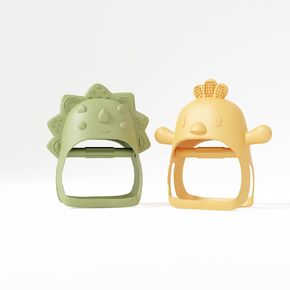 Baby Teether Pack of 2 Wearable Teether Toy Hand Teether - Little Chick and Mini Dino - Blue Baby Toy and Beige Baby Toys by Muqee Peeko Silicone Baby Teether