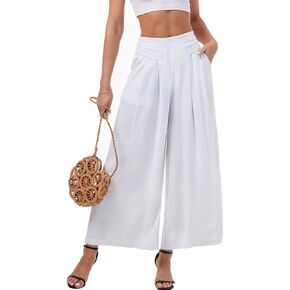 heipeiwa Women' s Culottes Linen Pants Summer Casual Flowy Beach Cotton Linen Wide Leg Palazzo Pants