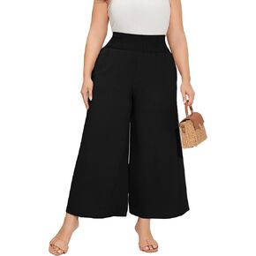 سراويل كاجوال بمقاس كبير للسيدات، سراويل مرنة عالية الخصر، سراويل واسعة الساق مريحة للاستراحة، سراويل صيفية بوهو مع جيوب in Kuwait