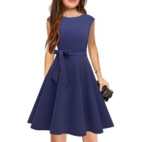 Girls Crew Neck Dresses Short Sleeve Midi Knee Belt Pleated Modest Big Kids A-Line Flowy Dresses for Girls Navy in Kuwait