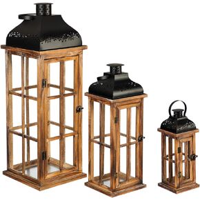 Evergreen Set of 3 Nested Wood and Metal Lanterns w LED Candle