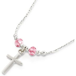 قلادة فضية للبنات مع قلادة صليب مصنوعة من كريستال سواروفسكي الوردي الفاتح in Kuwait