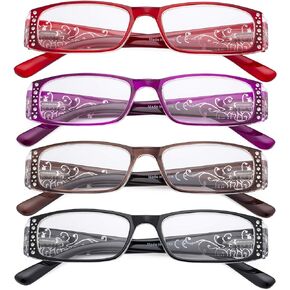 CessBlu Ladies Floral Design Reading Glasses 4 Pack with Crystals for Women Reading