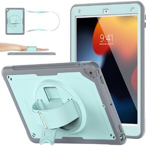 SEYMAC stock iPad 9th 8th 7th Generation Case 10.2 inch, Full-Body Drop Protection Frosting-Anti-Slip Case with Screen Protector Pen Holder 360° Rotate Strap-Stand 2021-2019 (Black)