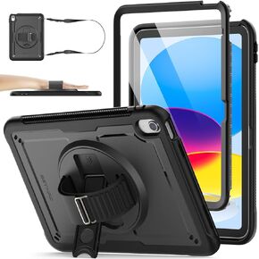 SEYMAC stock Case for iPad 10th Generation Case 10.9 inch, Full-Body Drop Protection Frosting-Anti-Slip Case with Screen Protector Pen holder, Rotate Kickstand Case for kids with Shoulder Strap, Black