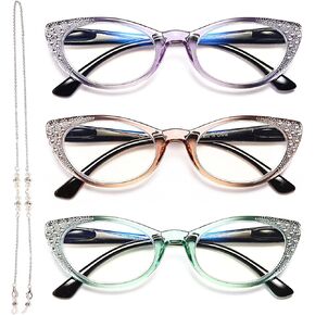 EYEURL Cat Eye Reading Glasses for Women Blue Light Blocking 3 Pack Ladies Computer Readers with Spring Hinge Lightweight Eyeglasses Anti Eyestrain 1.75