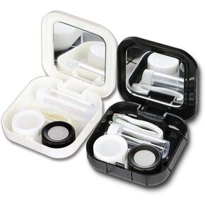 2PCS Portable Cute Pocket Mini Contact Lens Case Travel Kit Mirror Container(Black + White)