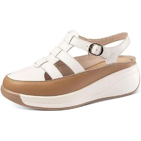Women's Leather Roman Sandals,Adjustable Ankle Strap Soft Sole Damping Increase Height Wedge Baotou Casual Sandals