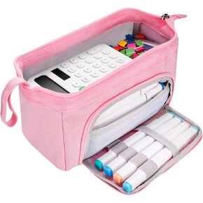 حقيبة أقلام رصاص ذات سعة كبيرة من HAUTOCO، حقيبة تخزين كبيرة من القماش الكتاني، حقيبة القلم المحمولة، حقيبة مكياج جمالية، حقيبة قرطاسية، صندوق منظم مكتب للمدرسة، مكتب المدرسة، فتاة مراهقة، وردي in Kuwait