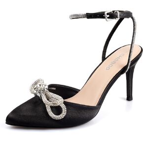 Women's Rhinestone Bow Heels Closed Toe Sparkly Pointed Toe Black Stiletto High Heels Ankle Strap Wedding Party Evening Dress Pumps Shoes