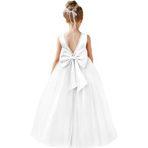 Pearls Flower Girl Satin Tulle Dress for Wedding Kids Princess Pageant First Communion Dress with Bow Knot