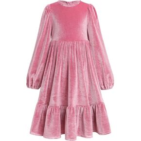 ODIZLI Kids Girls Dresses Long Sleeve Velvet Princess Maxi Dress Christmas Wedding Birthday Party Evening Gown with Pockets