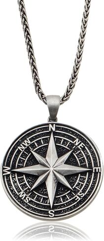 Compass Necklace for Men - Oxidized 925K Sterling Silver - Nautical Wayfinder Medallion with Solid Silver Fox Tail Chain in Saudi Arabia