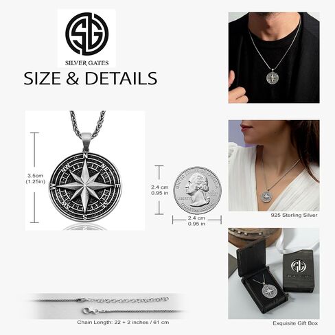 Compass Necklace for Men - Oxidized 925K Sterling Silver - Nautical Wayfinder Medallion with Solid Silver Fox Tail Chain in Saudi Arabia