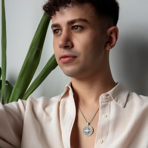 Compass Necklace for Men - Oxidized 925K Sterling Silver - Nautical Wayfinder Medallion with Solid Silver Fox Tail Chain in Saudi Arabia