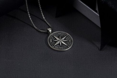 Compass Necklace for Men - Oxidized 925K Sterling Silver - Nautical Wayfinder Medallion with Solid Silver Fox Tail Chain in Saudi Arabia