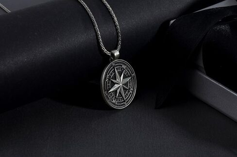 Compass Necklace for Men - Oxidized 925K Sterling Silver - Nautical Wayfinder Medallion with Solid Silver Fox Tail Chain in Saudi Arabia