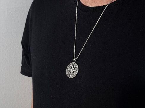 Compass Necklace for Men - Oxidized 925K Sterling Silver - Nautical Wayfinder Medallion with Solid Silver Fox Tail Chain in Saudi Arabia