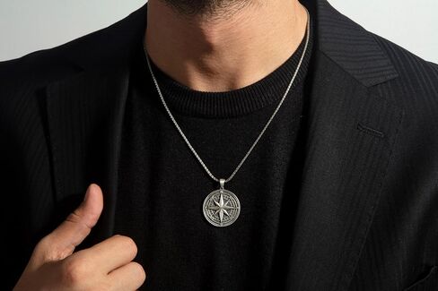 Compass Necklace for Men - Oxidized 925K Sterling Silver - Nautical Wayfinder Medallion with Solid Silver Fox Tail Chain in Saudi Arabia