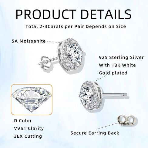 أقراط مويسانيتي مرصعة، 1-2 قيراط D اللون VVS1، قطع مستديرة فاخرة، ألماس تم تصنيعه في المختبر، S925 من الفضة الإسترليني مع مطلية بالذهب الأبيض عيار 18 قيراط، هدايا مجوهرات للنساء والرجال in Kuwait