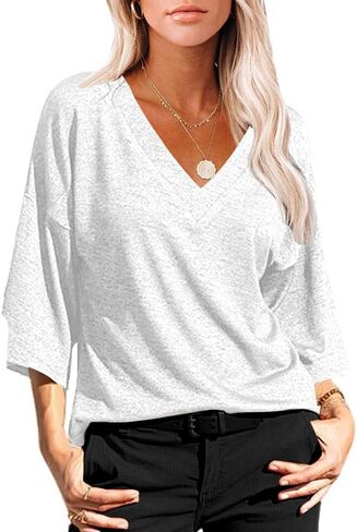 Grlasen Women's 3/4 Sleeve T-Shirt Summer V-Neck top Vintage Cotton Basic T-Shirt in Saudi Arabia