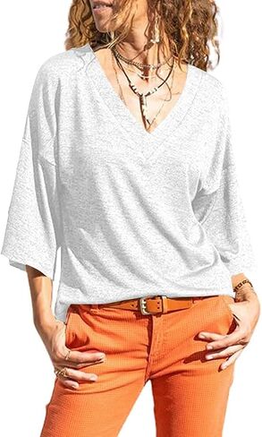 Grlasen Women's 3/4 Sleeve T-Shirt Summer V-Neck top Vintage Cotton Basic T-Shirt in Saudi Arabia