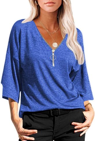 Grlasen Women's 3/4 Sleeve T-Shirt Summer V-Neck top Vintage Cotton Basic T-Shirt in Saudi Arabia