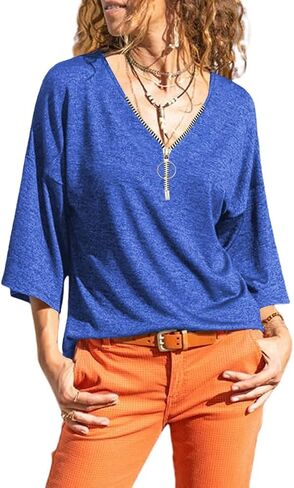 Grlasen Women's 3/4 Sleeve T-Shirt Summer V-Neck top Vintage Cotton Basic T-Shirt in Saudi Arabia