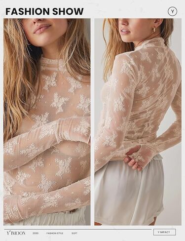 Yimoon Women's Mesh Tops Long Sleeve Sheer Floral Lace Layering Tops Sexy Mock Neck See Through Blouse in Kuwait