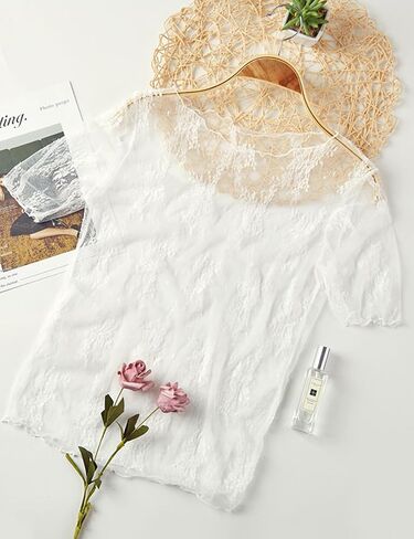 Yimoon Women's Mesh Tops Long Sleeve Sheer Floral Lace Layering Tops Sexy Mock Neck See Through Blouse in Saudi Arabia