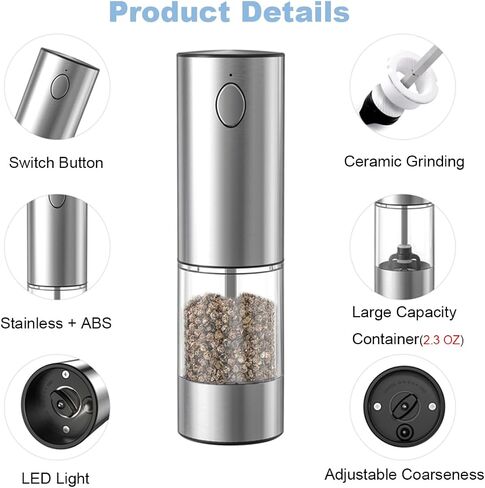 Electric Salt and Pepper Grinder Set, Automatic Salt and Pepper Mill Shakers with Battery Operated, 95 ml Large Capacity, LED Light, Adjustable Coarseness for Kitchen, Restaurant, Outdoor in Saudi Arabia