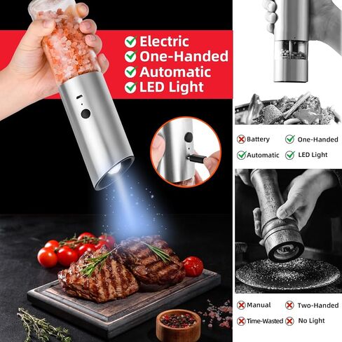 Electric Salt and Pepper Grinder Set, Automatic Salt and Pepper Mill Shakers with Battery Operated, 95 ml Large Capacity, LED Light, Adjustable Coarseness for Kitchen, Restaurant, Outdoor in Saudi Arabia