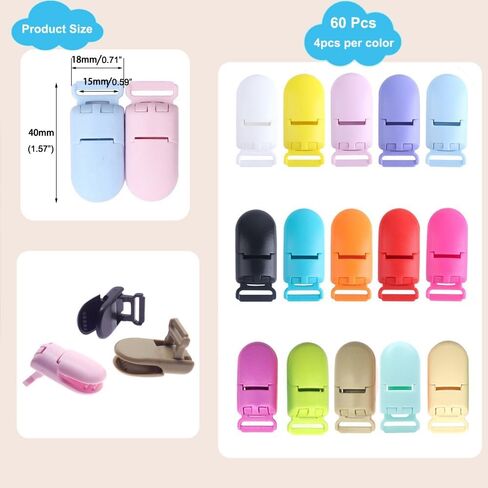 60 Pcs Pacifier Clip Holder Plastic Baby Binky Clips for DIY Dummy Teether Toy -Keep Pacifiers and Mittens Secure with Paci Clip Mix 15 Colors in Saudi Arabia