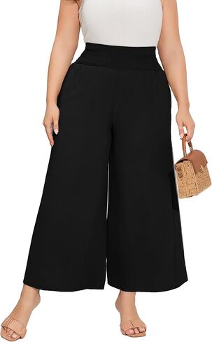 سراويل كاجوال بمقاس كبير للسيدات، سراويل مرنة عالية الخصر، سراويل واسعة الساق مريحة للاستراحة، سراويل صيفية بوهو مع جيوب in Kuwait