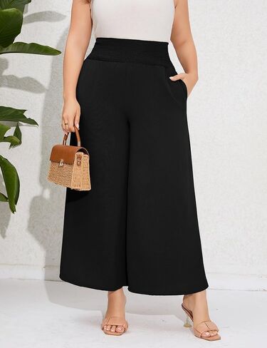 سراويل كاجوال بمقاس كبير للسيدات، سراويل مرنة عالية الخصر، سراويل واسعة الساق مريحة للاستراحة، سراويل صيفية بوهو مع جيوب in Kuwait