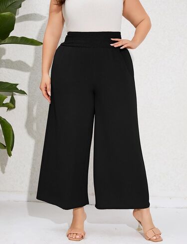 سراويل كاجوال بمقاس كبير للسيدات، سراويل مرنة عالية الخصر، سراويل واسعة الساق مريحة للاستراحة، سراويل صيفية بوهو مع جيوب in Kuwait