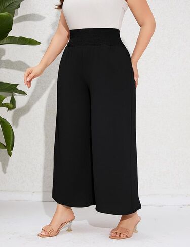 سراويل كاجوال بمقاس كبير للسيدات، سراويل مرنة عالية الخصر، سراويل واسعة الساق مريحة للاستراحة، سراويل صيفية بوهو مع جيوب in Kuwait