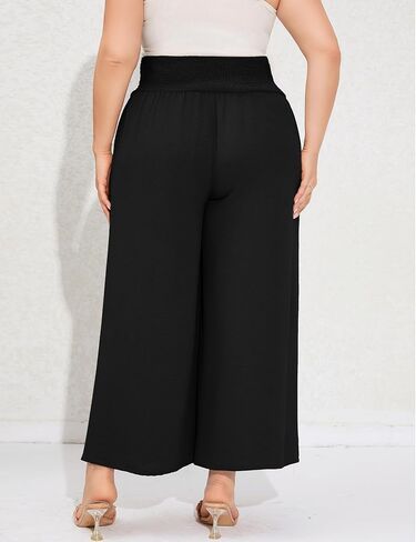 سراويل كاجوال بمقاس كبير للسيدات، سراويل مرنة عالية الخصر، سراويل واسعة الساق مريحة للاستراحة، سراويل صيفية بوهو مع جيوب in Kuwait