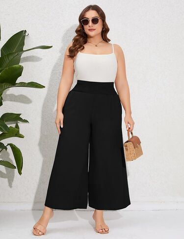 سراويل كاجوال بمقاس كبير للسيدات، سراويل مرنة عالية الخصر، سراويل واسعة الساق مريحة للاستراحة، سراويل صيفية بوهو مع جيوب in Kuwait