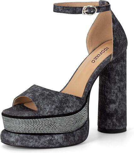 100FIXEO Women's Rhinestone Platform Chunky High Heels Open Toe Ankle Strap Sexy Elegant Comfortable Dressy Sandals Shoes in Saudi Arabia