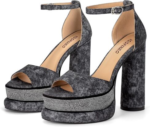 100FIXEO Women's Rhinestone Platform Chunky High Heels Open Toe Ankle Strap Sexy Elegant Comfortable Dressy Sandals Shoes in Saudi Arabia