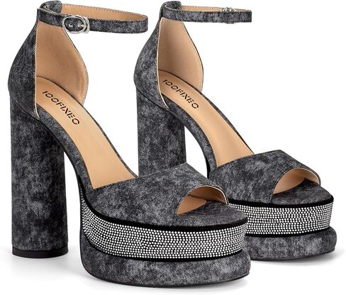 100FIXEO Women's Rhinestone Platform Chunky High Heels Open Toe Ankle Strap Sexy Elegant Comfortable Dressy Sandals Shoes in Saudi Arabia