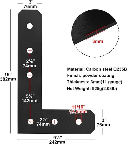 4 Pcs L Shaped Beam Bracket for 4x4 Timber, Width 3", 15" x 9-1/2", Flat Corner Brace L Tie Plates, Thickness 3mm in Saudi Arabia