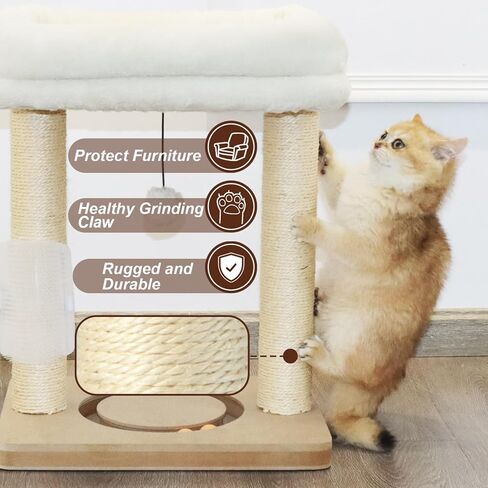 شجرة قطط صغيرة للقطط الداخلية، عمود خدش من السيزال مع برج وكرة مسار، ألعاب كروية معلقة، سرير مجثم ناعم، فرشاة تدليك ذاتي، بيج in Kuwait