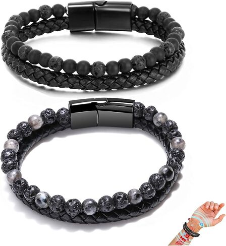 Natural Agate Stone Leather Beaded Bracelet, Lugxb Natural Agate 6mm Stone Adjustable Leather Beaded Bracelet Jewelry Gifts for Men Women in Saudi Arabia