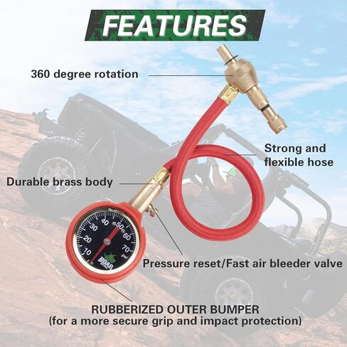 منفاخ الهواء للإطارات، مقياس ضغط الإطارات التناظري، قرص سهل القراءة من 0 إلى 75 رطل لكل بوصة مربعة مع زر تحرير سريع دقيق وأدوات إصلاح الإطارات للسيارة والدراجات النارية والشاحنات وRV وATV وUTV وإطارات المركبات in Kuwait